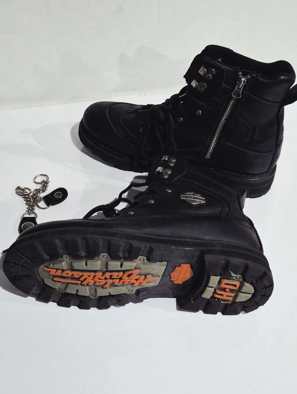 HARLEY DAVIDSONMen's Black Leather Lace-Up Boots with Side Zipper. Size 10